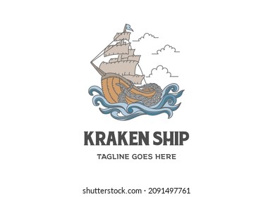 Vintage Viking Ship with Giant Octopus and Wave Logo Design