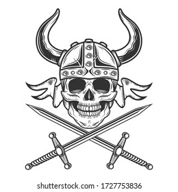 Vintage viking skull with helmet and crossed swords and ribbon in monochrome style isolated illustration