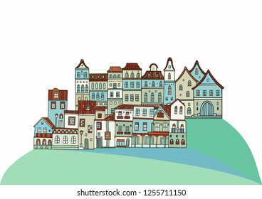 Vintage village, french town, on white background