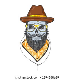 Vintage village hipster with hat, eyeglasses, mustache, beard and earphones, vector retro sketch illustration isolated on white background