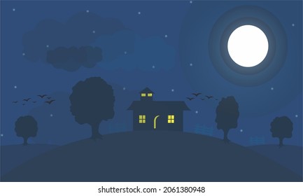 Vintage village at night. Bright moon and shooting star.