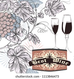 Vintage vine poster with grapes and glasses