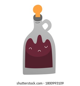 Vintage vinegar cruet bottle with cork stopper, glass bottle with handle, household utensil, isolated vector icon on white background, hand drawn cartoon illustration