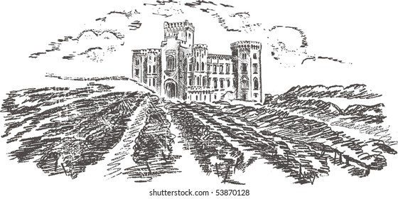 Vintage - vineyard and castle (label design)