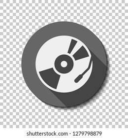 Vintage vinyl, audio disc, dj player. Simple icon, music logo. flat icon, long shadow, circle, transparent grid. Badge or sticker style