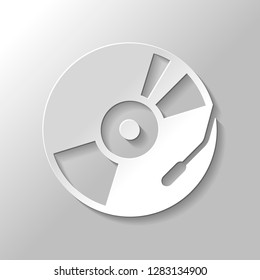 Vintage vinyl, audio disc, dj player. Simple icon, music logo. Paper style with shadow on gray background