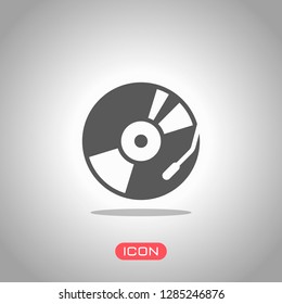 Vintage vinyl, audio disc, dj player. Simple icon, music logo. Icon under spotlight. Gray background