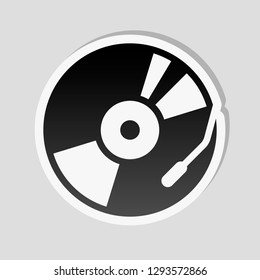 Vintage vinyl, audio disc, dj player. Simple icon, music logo. Sticker style with white border and simple shadow on gray background
