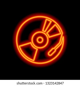 Vintage vinyl, audio disc, dj player. Simple icon, music logo. Orange neon style on black background. Light icon