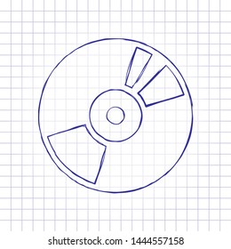 Vintage vinyl, audio disc, dj player. Simple icon, music logo. Hand drawn picture on paper sheet. Blue ink, outline sketch style. Doodle on checkered background