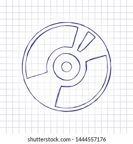 Vintage vinyl, audio disc, dj player. Simple icon, music logo. Hand drawn picture on paper sheet. Blue ink, outline sketch style. Doodle on checkered background