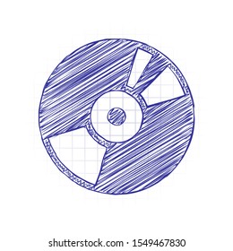 Vintage vinyl, audio disc, dj player. Simple icon, music logo. Hand drawn sketched picture with scribble fill. Blue ink. Doodle on white background