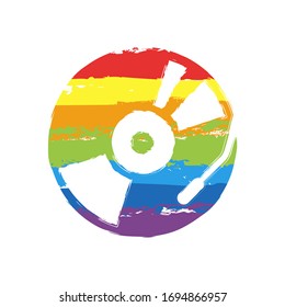 Vintage vinyl, audio disc, dj player. Simple icon, music logo. Drawing sign with LGBT style, seven colors of rainbow (red, orange, yellow, green, blue, indigo, violet