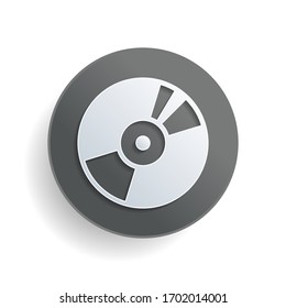 Vintage vinyl, audio disc, dj player. Simple icon, music logo. White paper symbol on gray round button or badge with shadow