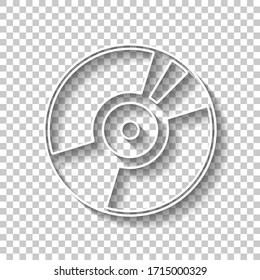 Vintage vinyl, audio disc, dj player. Simple icon, music logo. White outline sign with shadow on transparent background