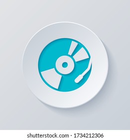Vintage vinyle, disque audio, lecteur dj. Icône simple, logo musical. Couper le cercle avec des couches grises et bleues. Style de papier