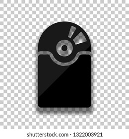 Vintage vinyl and cover, audio disc, music album. Simple icon. Black glass icon with soft shadow on transparent background