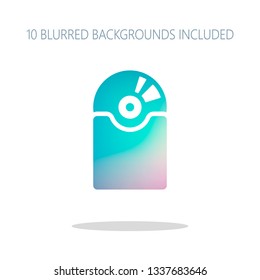 Vintage vinyl and cover, audio disc, music album. Simple icon. Colorful logo concept with simple shadow on white. 10 different blurred backgrounds included