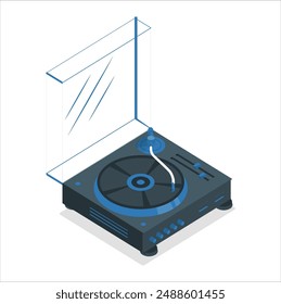 disco de vinilo vintage con etiqueta coral en tocadiscos dj sobre fondo azul. tecnología de sonido retro para reproducir música. Mesa giratoria moderna con registro de vinilo aislado en blanco. 2560