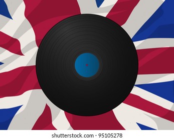 Vintage vinyl disk over the flag of Great Brttain