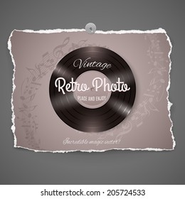 Vintage Vinyl Music Ilustration on peace of old photo paper,part of Vintage Photo Series