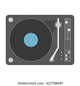 Vintage vinyl player with classic audio plastic disc. Old disco, gramophone isolated on white background. Vector illustration in modern flat style. EPS 10.