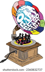 Vintage vinyl player with disco dance floor. People dance on vinyl. Party night retro. 