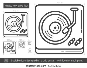 Icono de línea vectorial del reproductor de vinilo vintage aislado en fondo blanco. Icono de la línea del reproductor de vinilo vintage para infografía, sitio web o aplicación. Icono escalable diseñado en un sistema de cuadrícula.