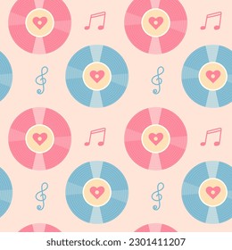 Vintage vinyl record, music notes and hearts seamless pattern. Pastel wrapping paper or fabric template. Vector illustration.