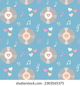 Vintage vinyl record, music notes and hearts seamless pattern. Pastel wrapping paper or fabric template. Vector illustration.