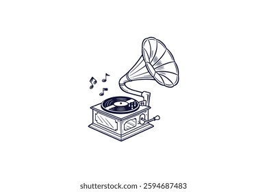 vintage vinyl record with a music notes silhouette line art vector illustration