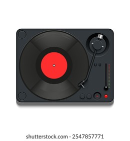 Reproductor de vinilo de Antiguas con una Ilustración vectorial realista de tocadiscos negros, sello rojo, brazo de tono y panel de control, para conceptos de música, diseño retro y proyectos con temática de audio.