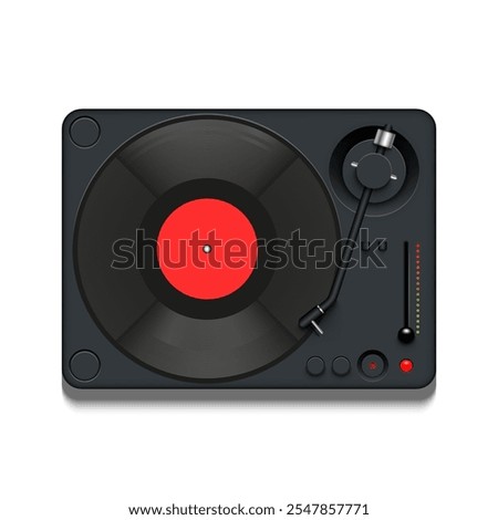 Vintage vinyl record player with a black turntable realistic vector illustration, red label, tonearm, and control panel, for music concepts, retro design, and audio-themed projects.