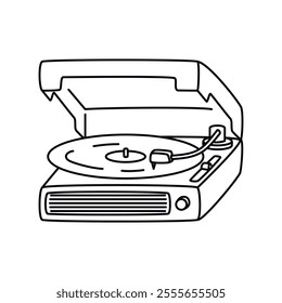 Vintage Vinyl Record Player Line Art.Old electronic device from the 80s and 90s.Retro portable turntable with stereo speaker.Outline design isolated on white background.Vector graphic
 illustration.