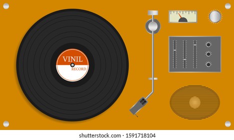 Vintage vinyl record player. Realistic yellow record player with audio speaker and vinyl disc. Vector illustration of a record. Vector.