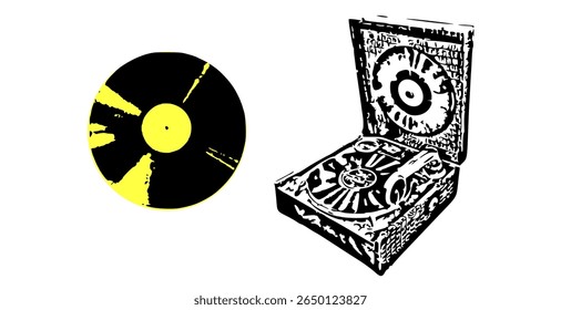 Gravação de vinil vintage e ilustração de mesa giratória retro com efeito de meio-tom em preto e amarelo