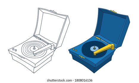 A vintage vinyl record turntable player, portable gramophone, phonograph. A vector contour drawing. Cartoon style illustration.