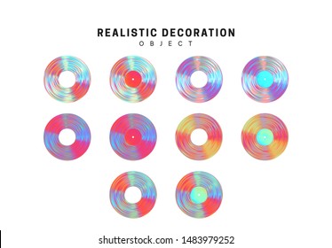 Vintage vinyl records in gradient color hologram Geometric shapes flat decorative design elements isolated on white background. 3d objects shaped blue round rings of different thickness. vector