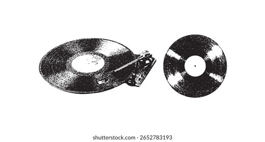 Vinil vintage registra elementos de pontilhado de meio-tom com efeito de fotocópia. discos de gramofone Grunge punk pontilhado adesivos para colagem, ilustração vetorial retro moderna para cartaz, impressão, capa de música