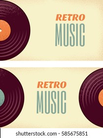 Vintage vinyl records horizontal banners. Retro vector illustration. Place your text. Design for poster, invitation, flyer, card, label