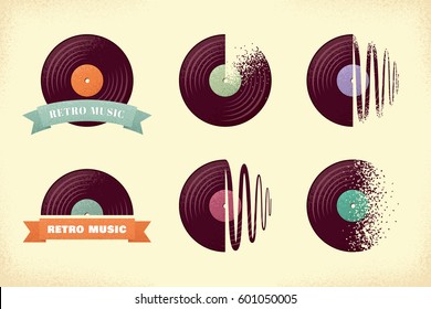 Vintage-Vinyl-Platten-Set. Schallplatten mit Bändern und Schallwellen. Retro-Vektordesign-Elemente