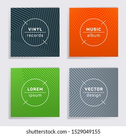 Vintage vinyl records music album covers set. Halftone lines backgrounds. Tech creative vinyl music album covers, disc mockups. DJ records disc vector mockups. Techno party posters.