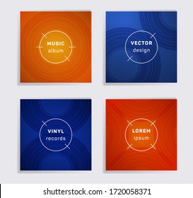 Vintage vinyl records music album covers set. Semicircle curve lines patterns. Colorful creative vinyl music album covers, disc mockups. DJ records geometric layouts. Flyer gradient patterns.