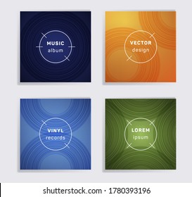 Vintage vinyl records music album covers set. Semicircle curve lines patterns. Futuristic creative vinyl music album covers, disc mockups. DJ records geometric layouts. Posters material design.