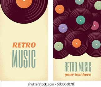 Vintage vinyl records vertical banners. Retro vector illustration. Place your text. Design for poster, invitation, flyer, card, label