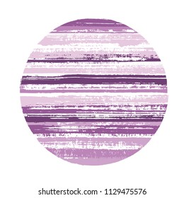 Vintage violet circle vector geometric shape with striped texture of ink horizontal lines. Old paint texture disc. Badge round shape logotype circle with grunge background of stripes.