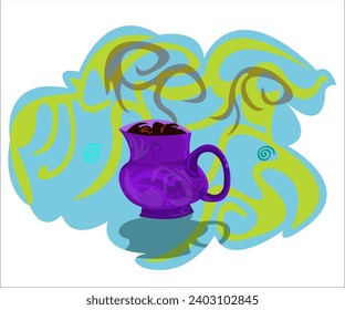 Una taza violeta de café caliente y humeante. un entorno romántico y acogedor. Esta ilustración de dibujos animados puede utilizarse como logotipo para cafés, cafeterías, bares, cafeterías y teterías. Vector, aislado.