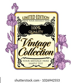 Vintage violet floral retro vector frame with line style hand drown blooming flowers isolated on white background.Unique and authentic antique design of label. Detailed illustration iris flowers 
