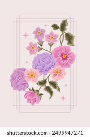Vintage violet flower poster, card, postcard illustration set with purple rose, peony, daisy, floral bud, wildflowers, and green leaf branch elements