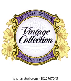 Vintage violet frame with yellow blooming lily flowers. Retro border with lilies flowers. Vector detailed illustration .Flowers done in line art style. Lily  flowers done in sketch style